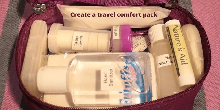 Create a travel comfort pack for easy access to self-care essentials